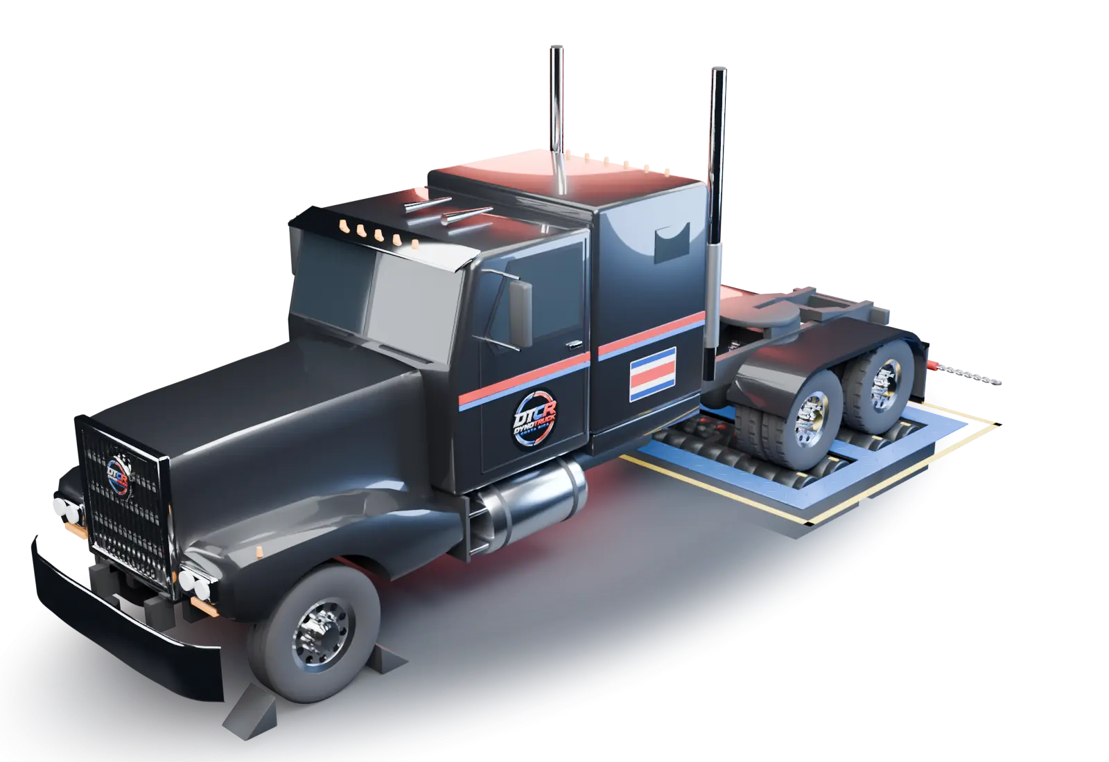 Render ilustrativo de un tractocamión negro de capó largo, con el logo de Dyno Truck Costa Rica y la bandera de Costa Rica, con sus ejes traseros sobre un dinamómetro de chasis